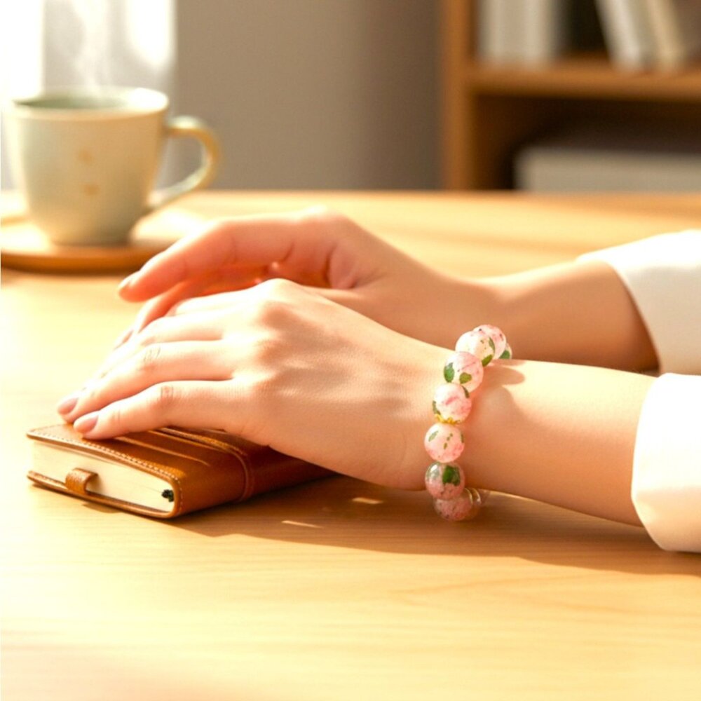 Crackled Glass Ombre Cherry Blossom Bracelet - Pink & Green Floral Stretch Brace
